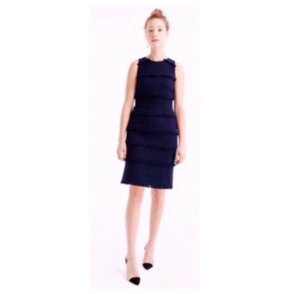 J. Crew Navy Blue Fringy Tweed Sleeveless Sheath Dress sz 8 - Picture 2 of 8